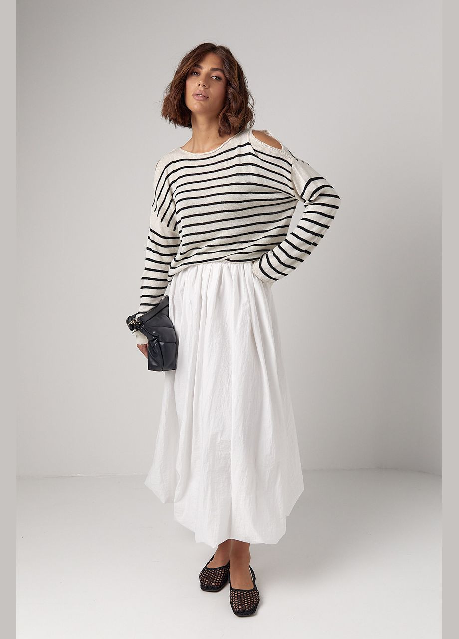 Білий демісезонний жіночий смугастий лонгслів із розрізами на плечах - бежевий колір, one size (sku_241048) No Brand