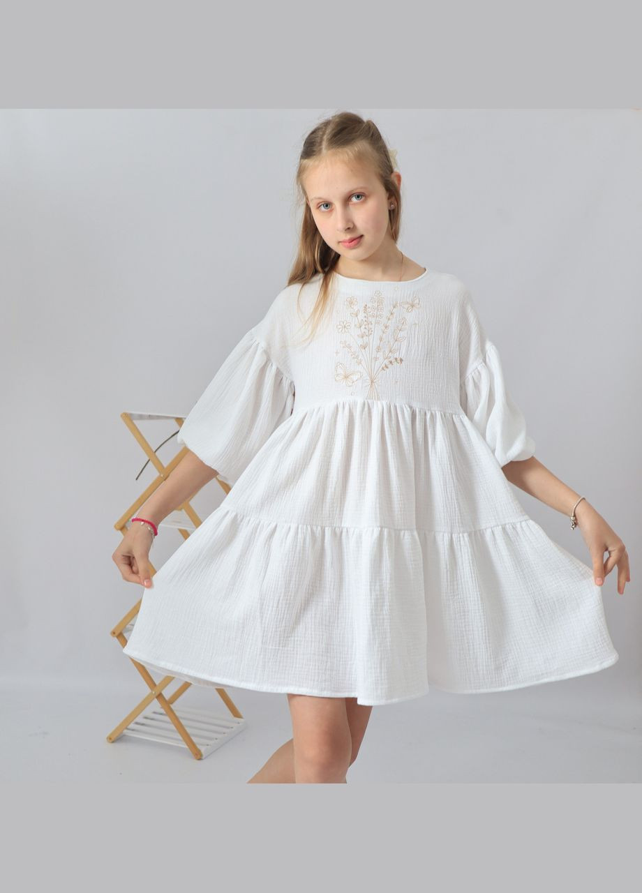 Біла дитяча довга святкова сукня з вишивкою "хлоя" з мусліну для дівчинки No Brand (335064169)