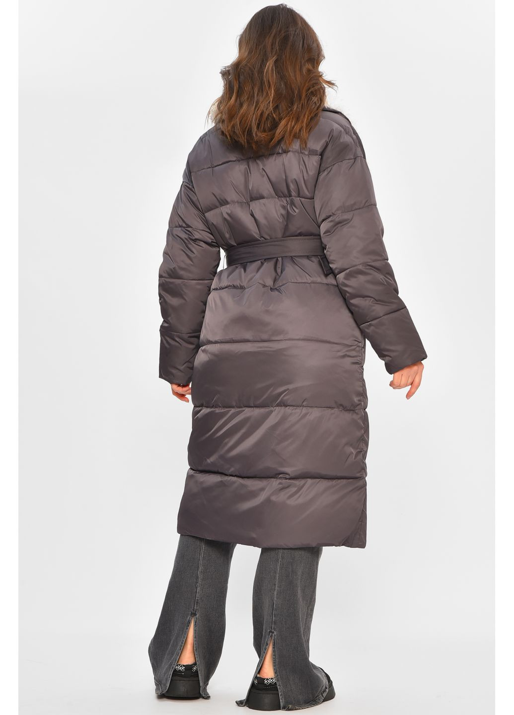 Темно-серая зимняя куртка женская удлиненная зимняя тёмно-серого цвета Let's Shop
