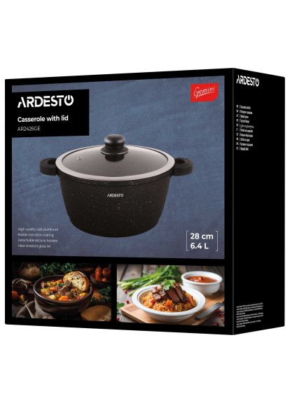 Кастрюля Gemini Anzio стеклянная крышка 28 см 6,4 л черная (AR2426GE) Ardesto Gemini Anzio скляна кришка 28 см 6, 4 л чорна (366478995)