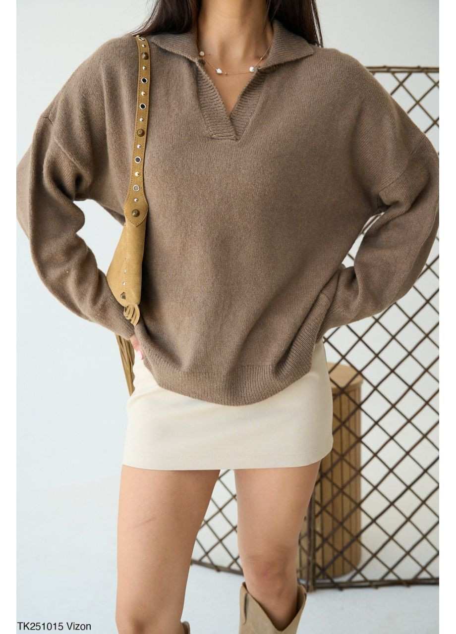 Бежевый демисезонный женский вязаный свитер с воротником-поло No Brand