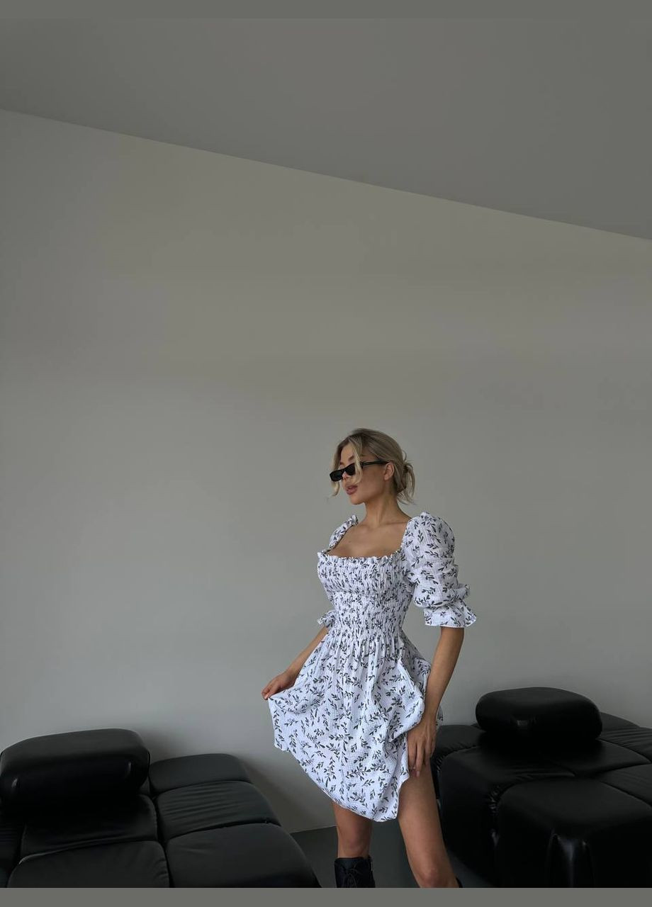 Зеленое праздничный, повседневный женское мини платье из муслина клеш Avanti с цветочным принтом