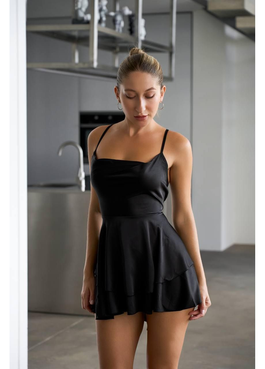 Пеньюар атласний короткий на тонких бретелях / Сатиновий пеньюар чорного кольору з воланом і легким блиском No Brand (366571816)