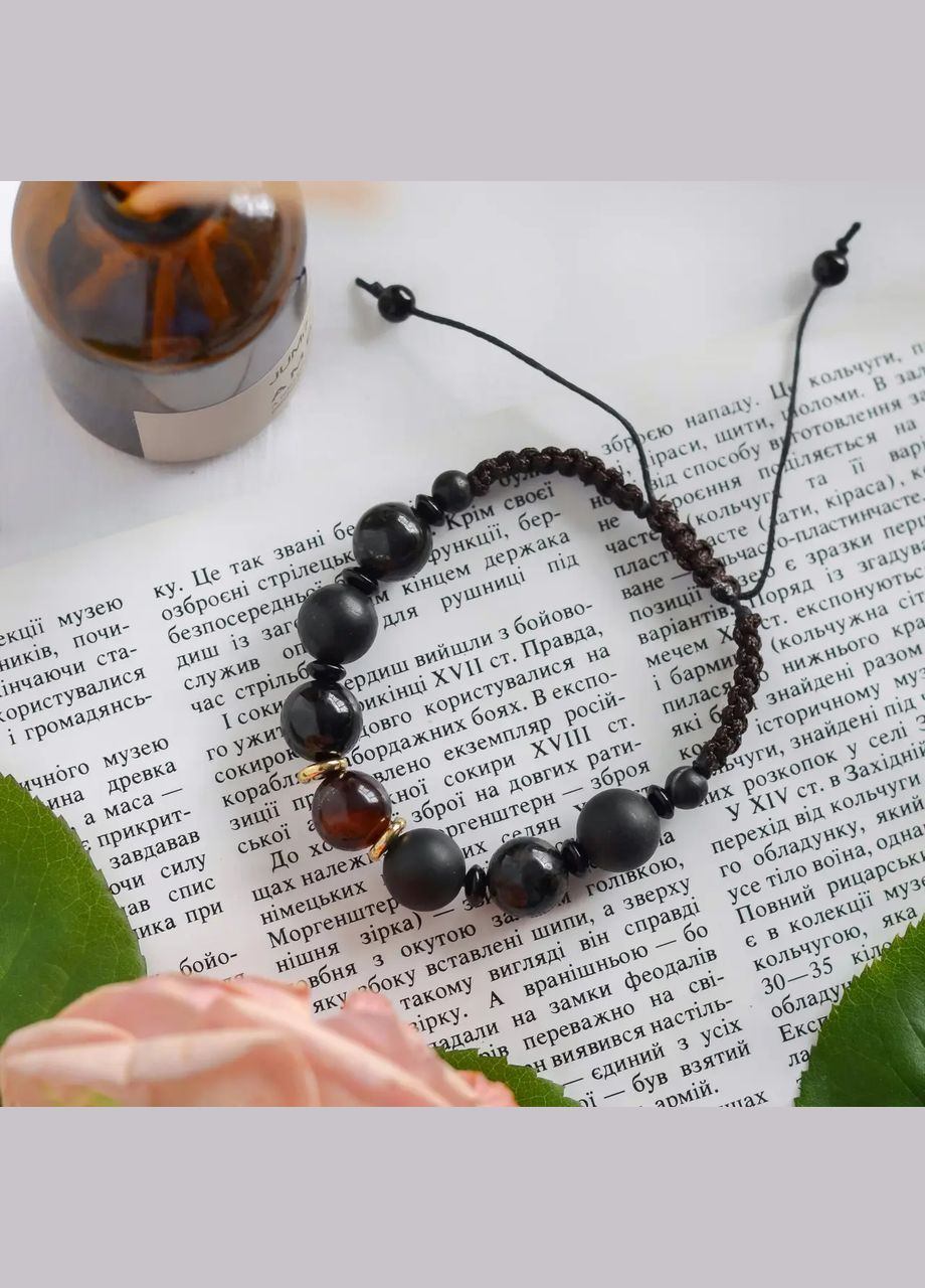 Браслет на затяжці натуральний Бичне Око, Нефрит Бянь-Ши, Гіперстен, Гагат, Агат d-12-6мм+- обхват 18-25см No Brand браслет на затяжці (303434924)