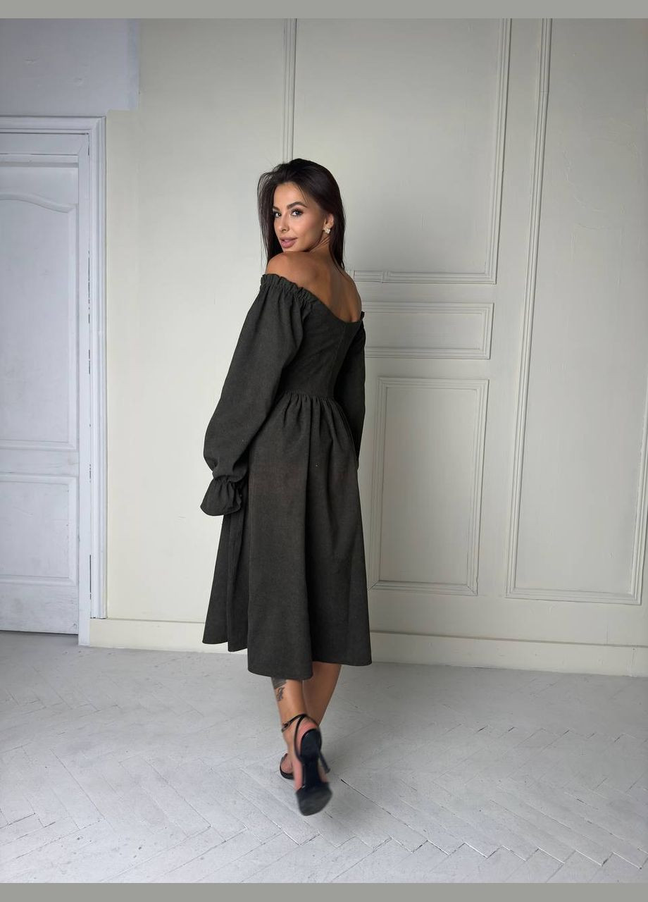 Оливковое (хаки) кэжуал платье из вельвета на резинке No Brand однотонное