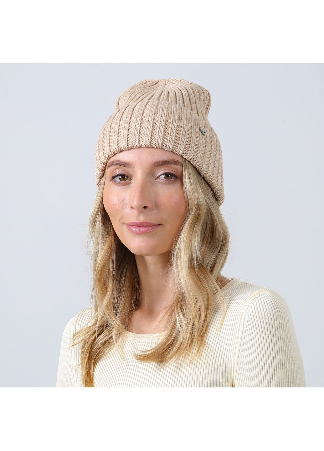 Шапка біні жіноча бавовна бежева RUFUS 887-671 LuckyLOOK 887-664 (352690848)