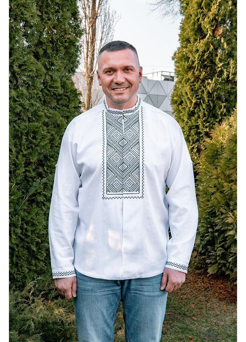 Біла чоловіча вишиванка білого кольору з чорним орнаментом геометрії для стильного образу, 3xl льон (301034723)