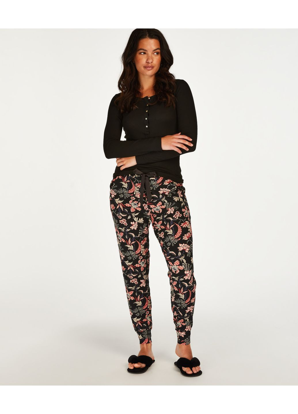 Чорна всесезон піжамний лонгслів із вафельної тканини Hunkemoller