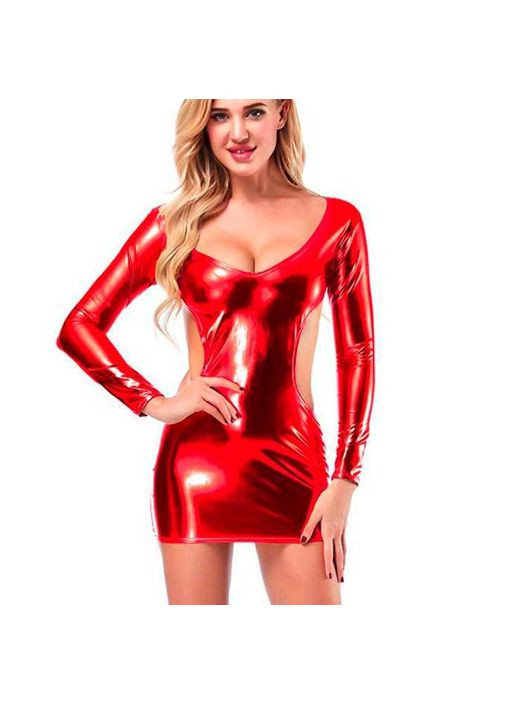 женский сексуальное блестящее миниплатье из кожзама размер xs-s красного цвета. женское платье с открытой спиной China