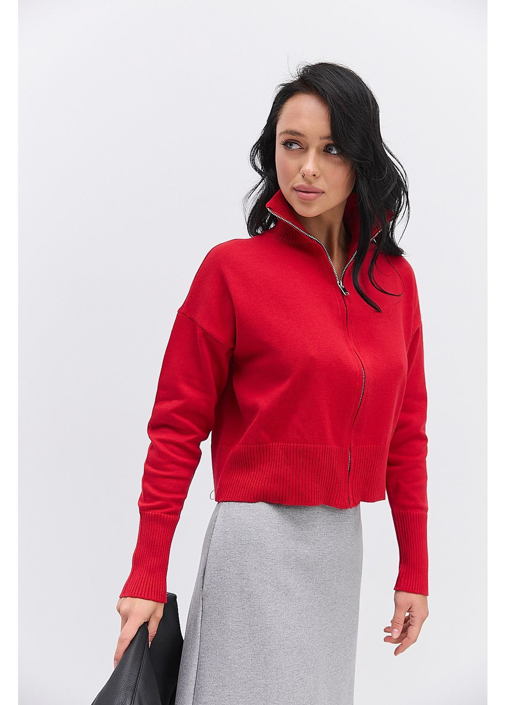 Жіноча вязана кофта на блискавці з високим коміром світло-молочна Arjen (370601761)