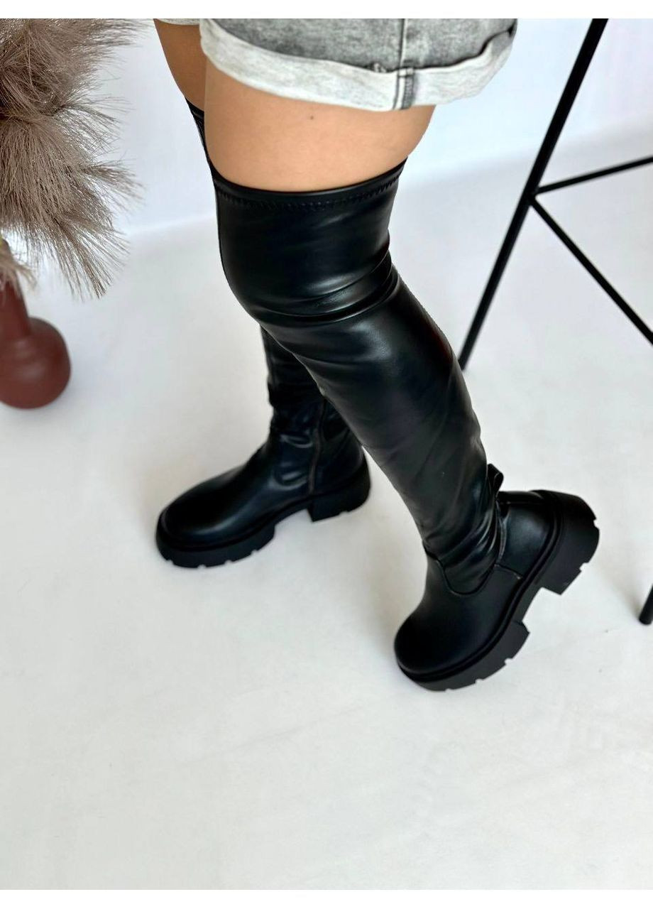 Черные осенние женские демисезонные сапоги ботфорты на платформе No Brand