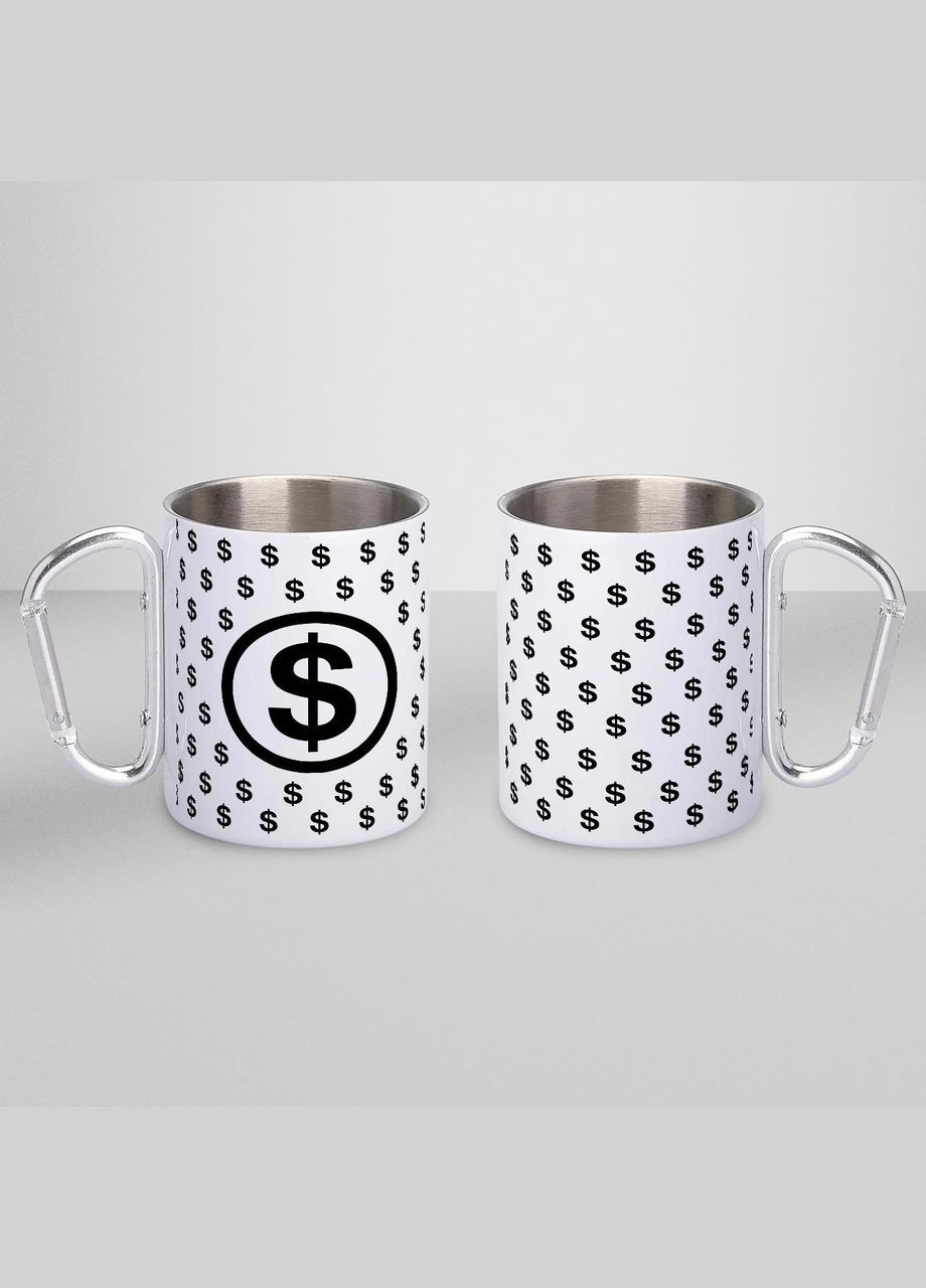 Чашка металлическая с принтом "Доллар" 300 мл с карабином, белая No Brand (324264117)