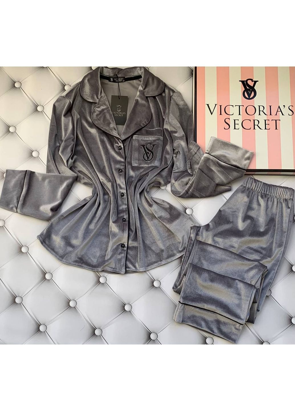 Серая всесезон пижама viktoria's secret, турецкий бархат, рубашка и штаны Україна