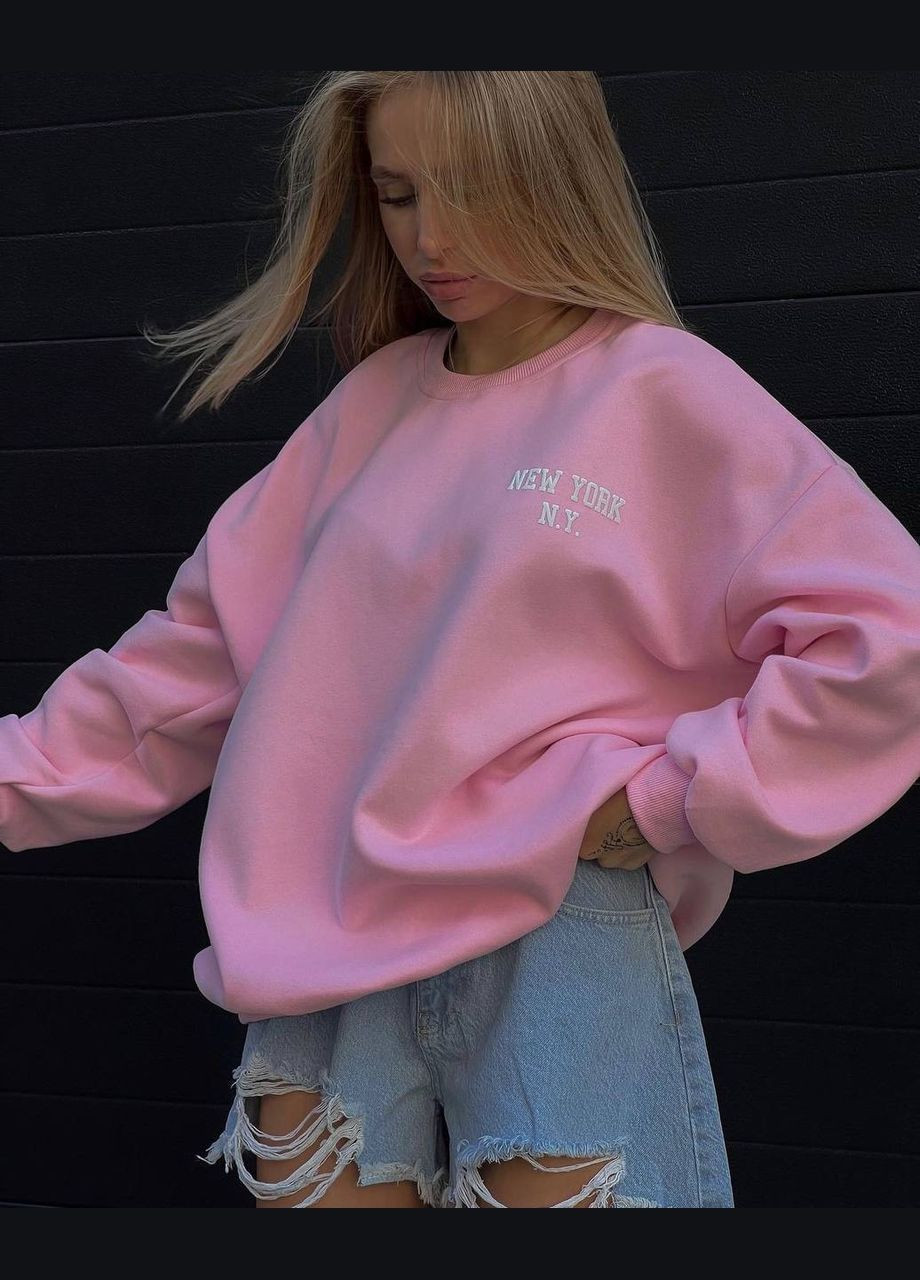 Розовый тёплый розовый свитшот из трехнитки на флисе с принтом "new york" и манжетами на рукавах — стильный и комфортный свитшот! однотонный (314952943)