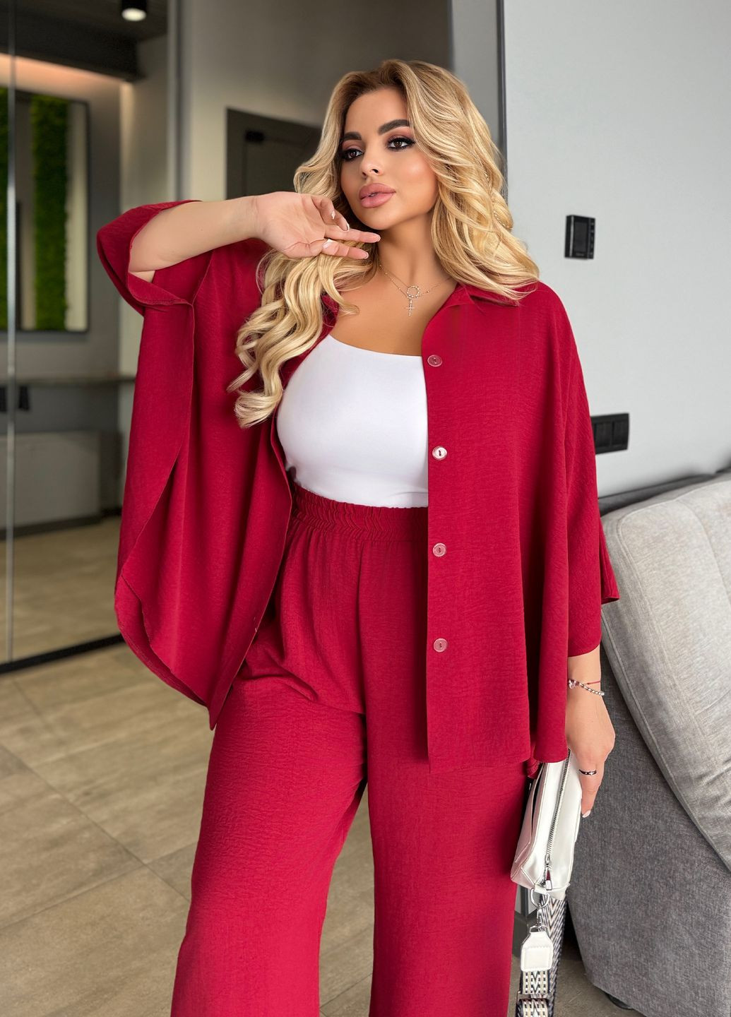 Костюм женский летний из американского крепа жатка (рубашка-пончо + брюки) No Brand (335426958)