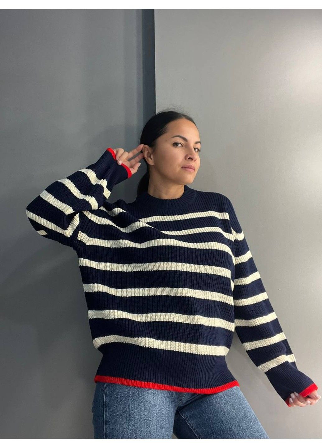 Темно-синий демисезонный свитер женский 6635 полоска оверсайз удлиненный свободный крой MIX RAY