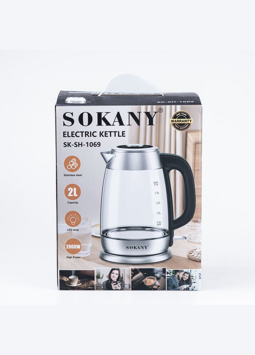 Електрочайник скляний SK-SH-1069 дисковий 2 л, сталь Sokany (315636931)