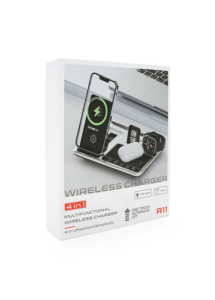 Бездротова зарядка+годинник R-11 4в1, під телефон+годинник+навушники, Black/Silver, Box Voltronic (360402775)