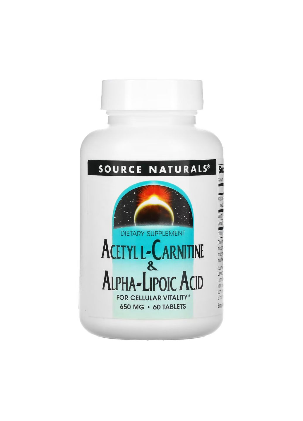 Ацетил L-карнітин та альфа-ліпоєва кислота 650мг для енергії та когнітивних функцій підтримка метаболізму Source Naturals (368991372)