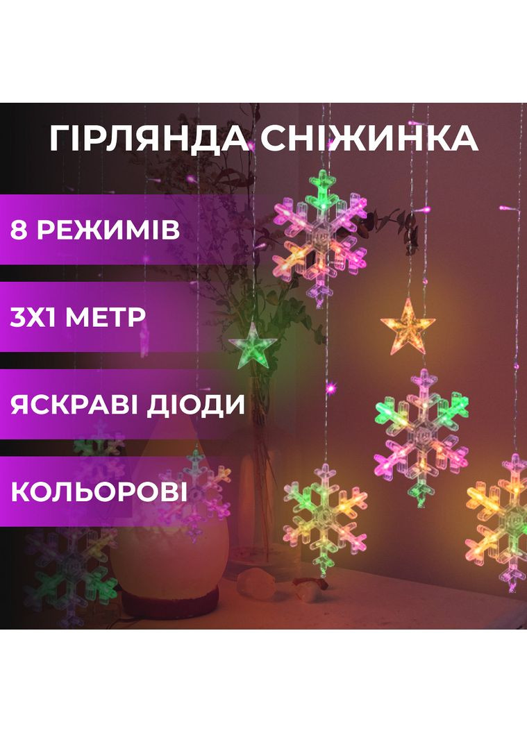 Гирлянда светодиодная штора GarlandoPro снежинка и звезда 12 фигур для украшения интерьера мультиколор RGB ProDobro (364189580)