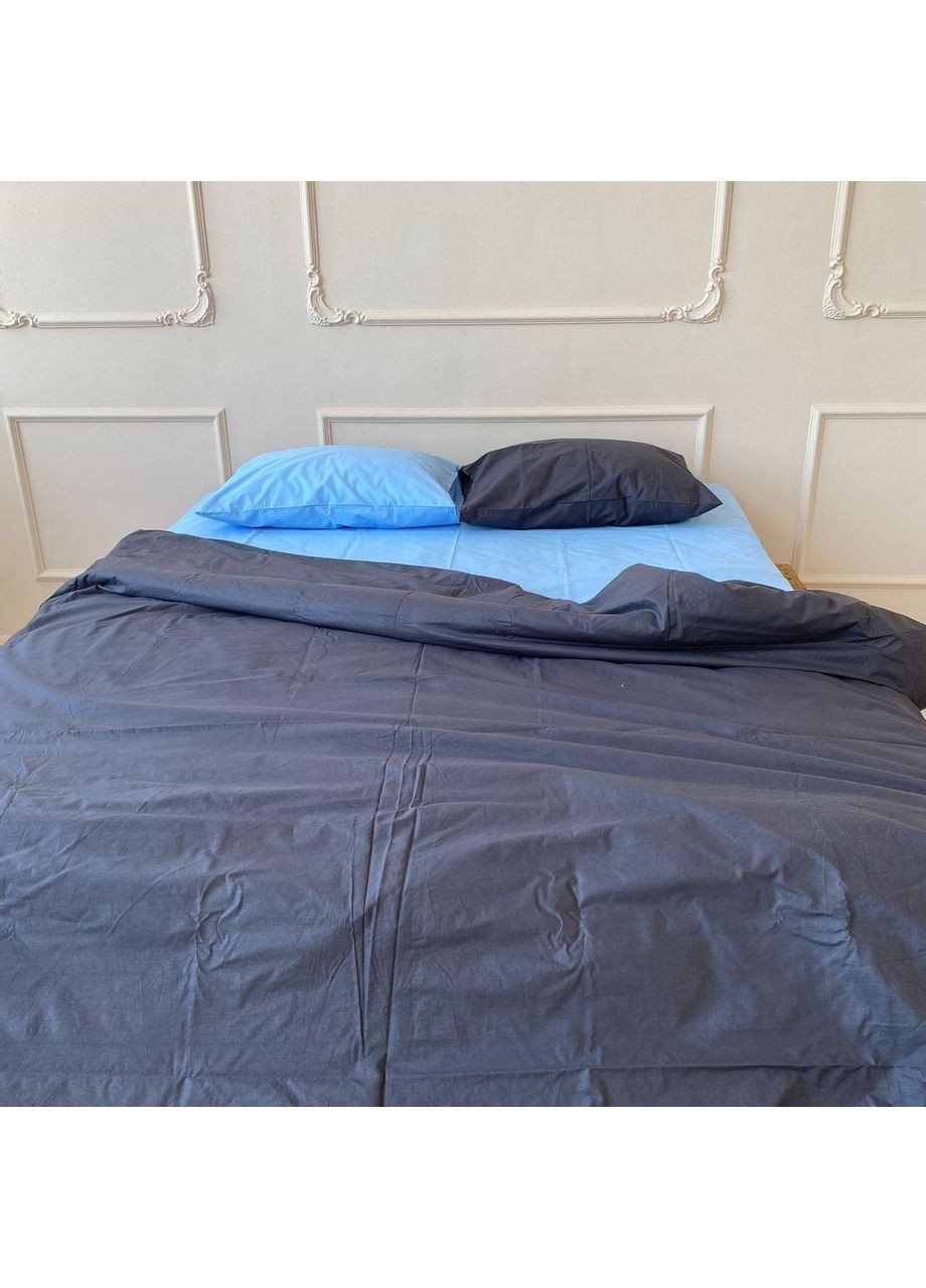 Постільна білизна з резинкою Голубий + графіт, ранфорс Двухспальний розмір, наволочки 50/70 No Brand (363191152)