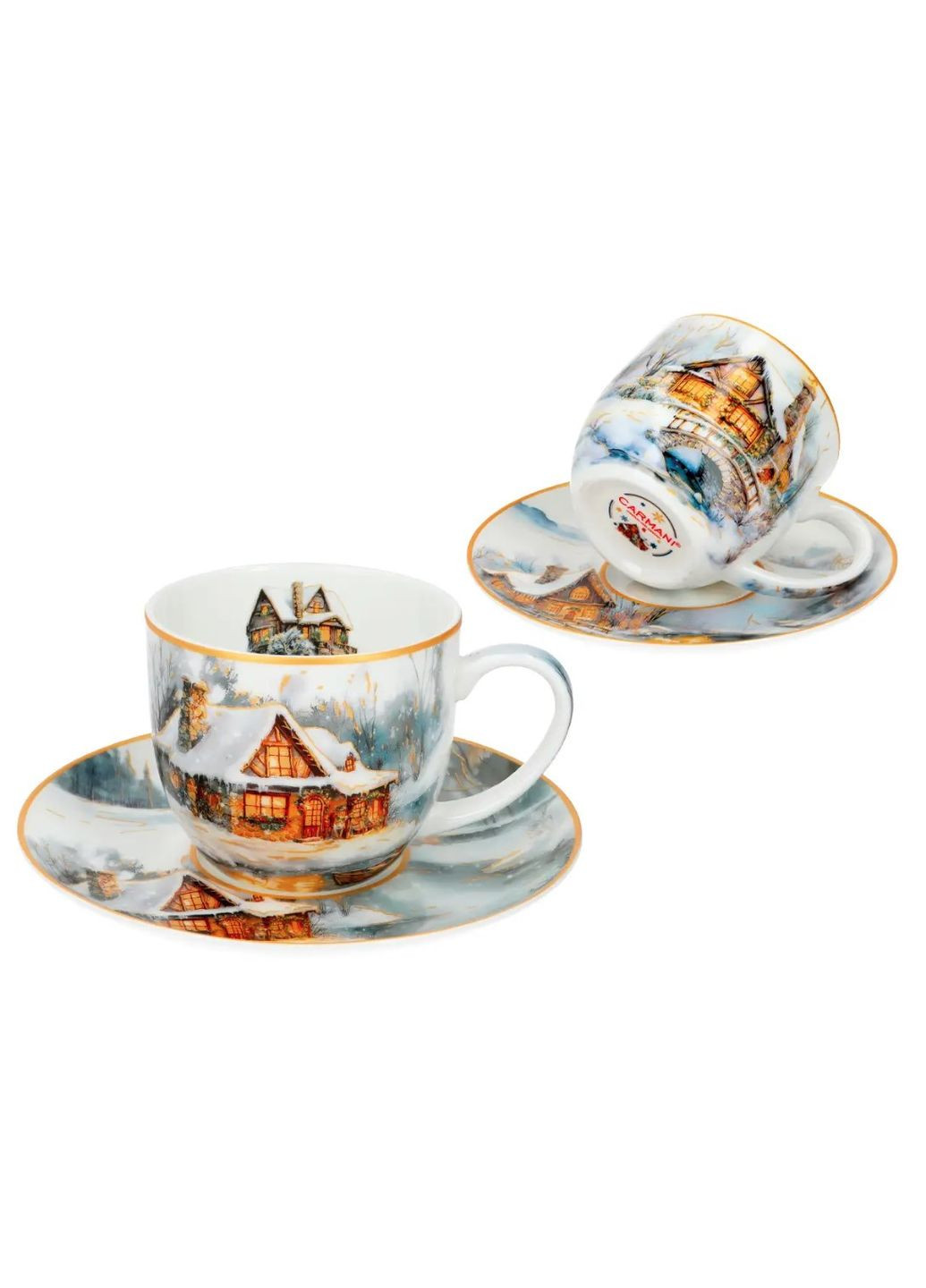 Подарунковий набір з 2-х порцелянових кухлів та блюдець Зимовий дім, 250 мл (219-9108) Carmani (370439050)