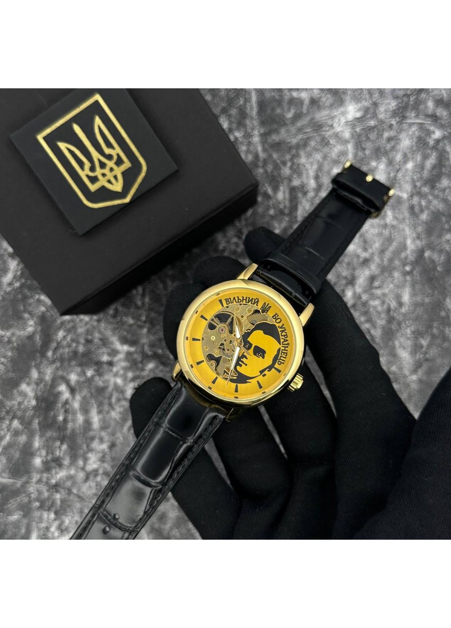 Годинник механічний 022 Gold-Black наручний для чоловіків золотистий зі шкіряним ремінцем ProDobro (367264257)