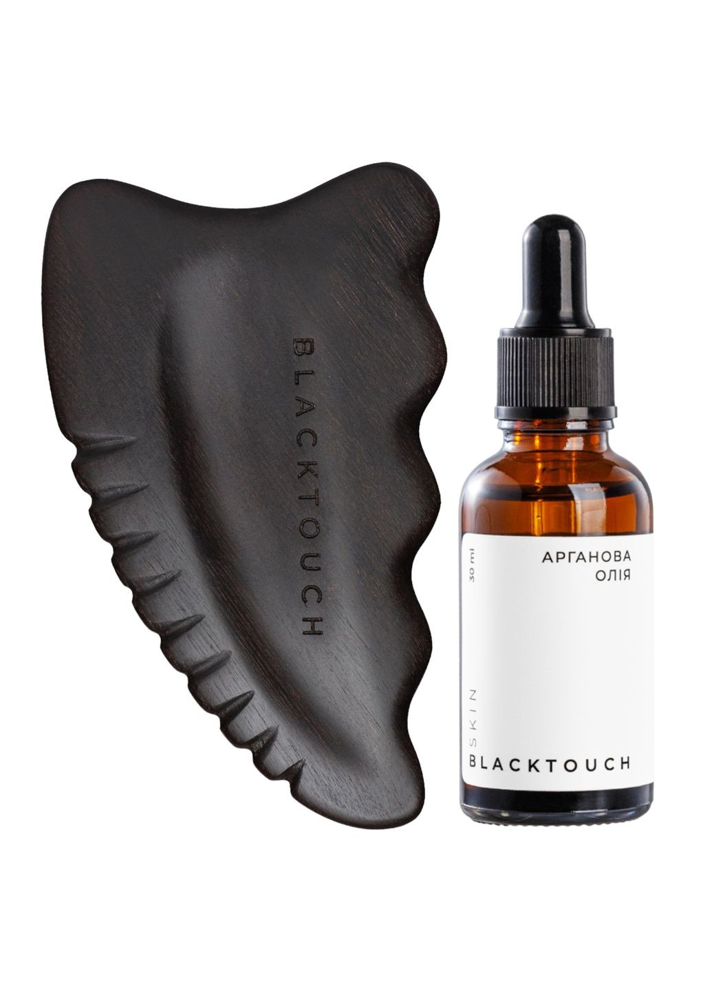 Комплект Дерев'яний шкребок для обличчя та тіла гуа-ша Energy Black + Арганова олія, 30 мл BlackTouch (293247318)