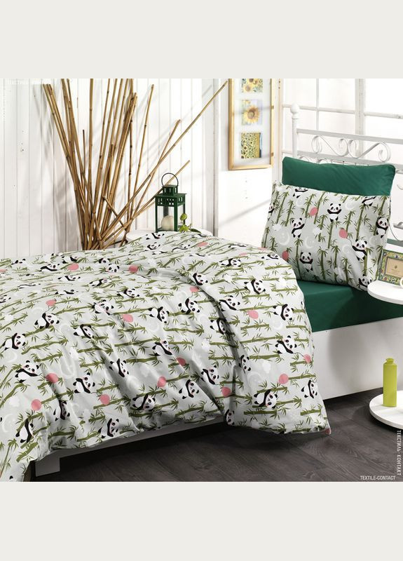 Постільна білизна Панди зелені Ранфорс Сімейна на резинці MERISET (278255529)
