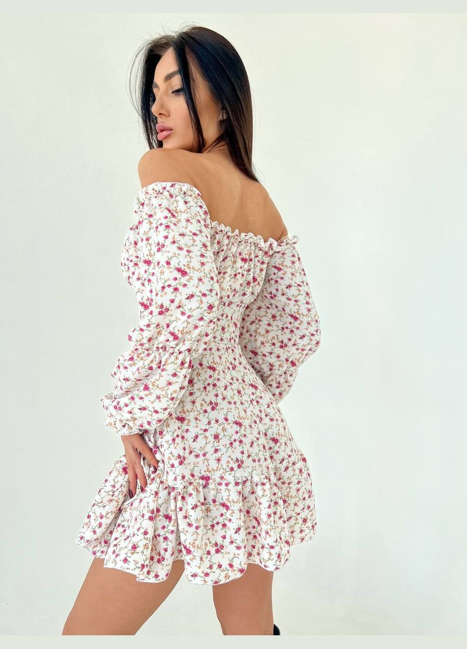 Белое женское платье мини цвет белый розовые цветы р.42/44 453806 New Trend