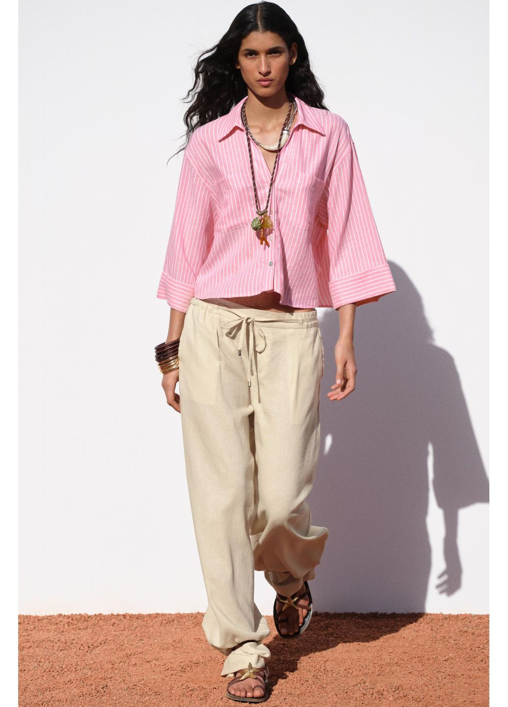 Смугаста укорочена сорочка з льоном Zara (354816925)