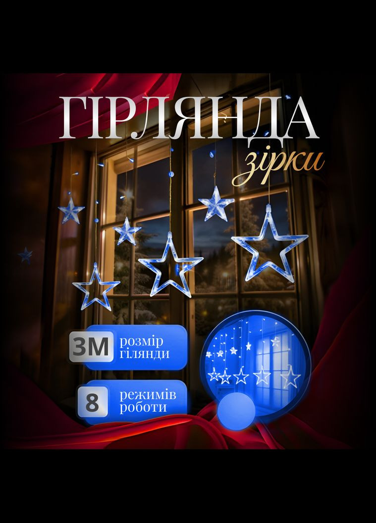 Гірлянда-штора Зірки розмір 3*0,7 м 12 фігур, синій GarlandoPro 1733054BL No Brand (339054099)