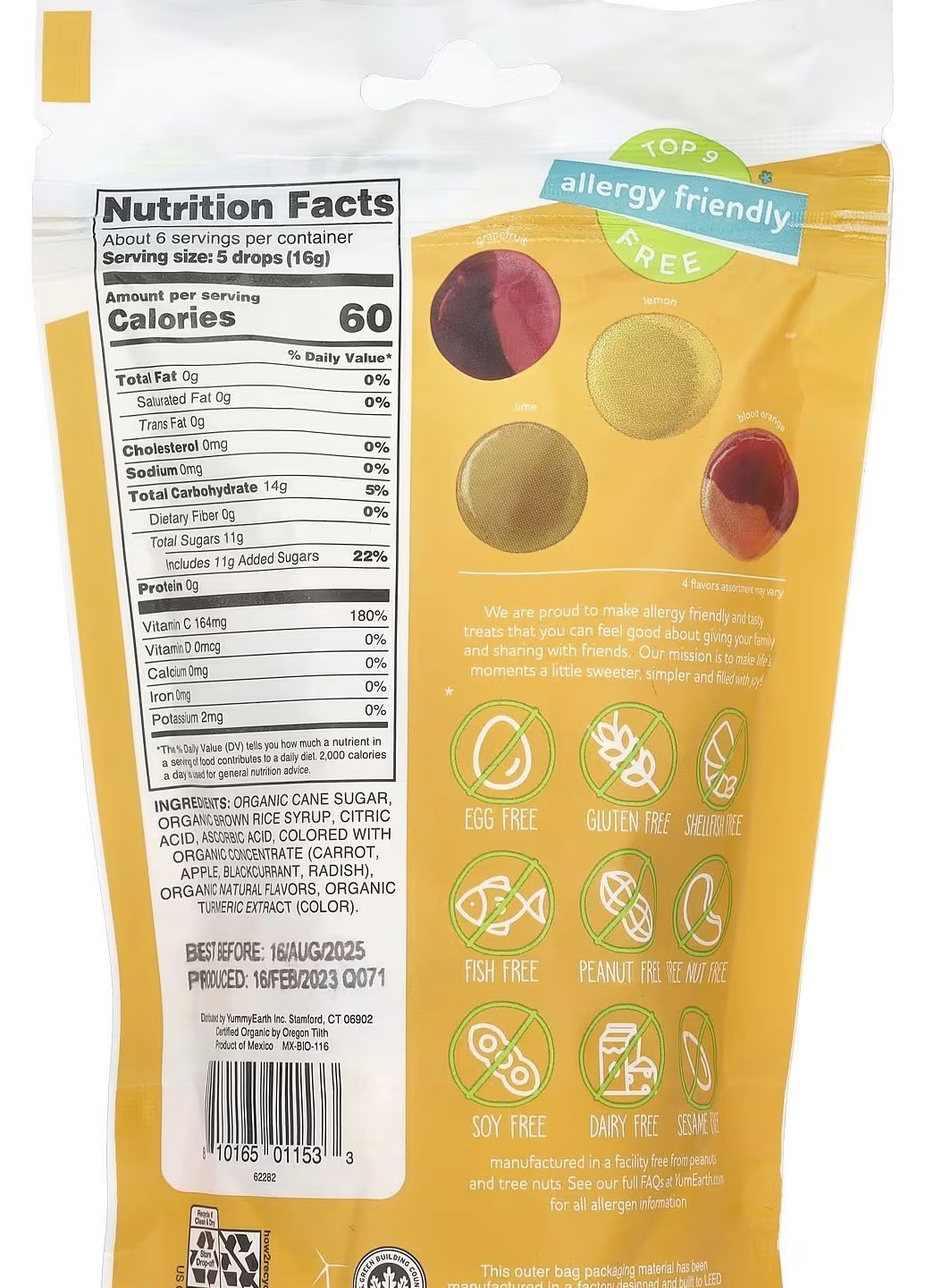 Органічні корисні льодяники, вітамін C, яскраві цитрусові смаки, 93,6 г YumEarth - (369623759)