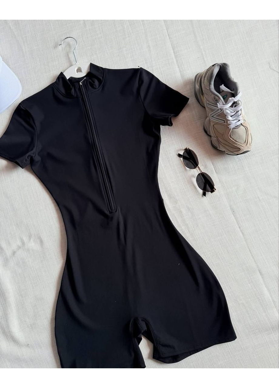 Женский комбинезон No Brand комбинезон-шорты однотонный чёрный спортивный, повседневный, кэжуал, домашний дайвинг