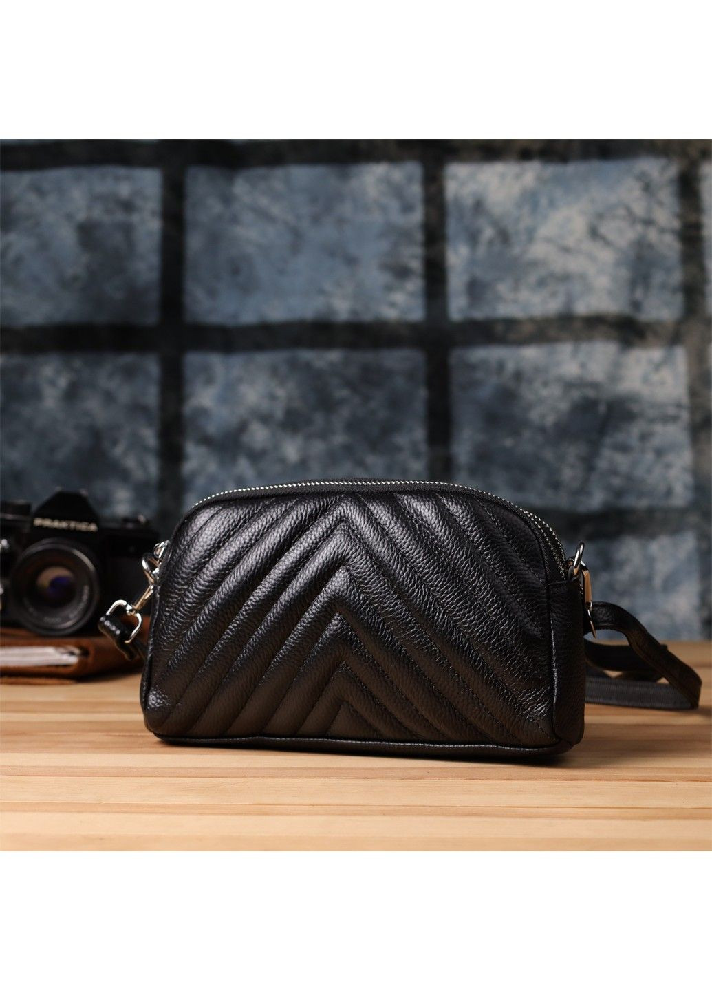 Стильная сумка прошита треугольниками из натуральной кожи 22909 Черный Vintage (357494990)