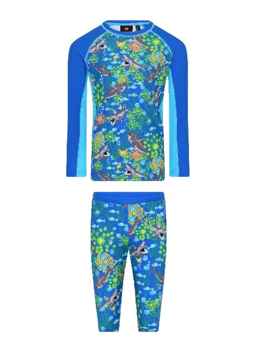 Купальний костюм сонцезахисний лонгслів + довгі шорти синій з акулами 306-557-309-593 Lego Wear (333832744)
