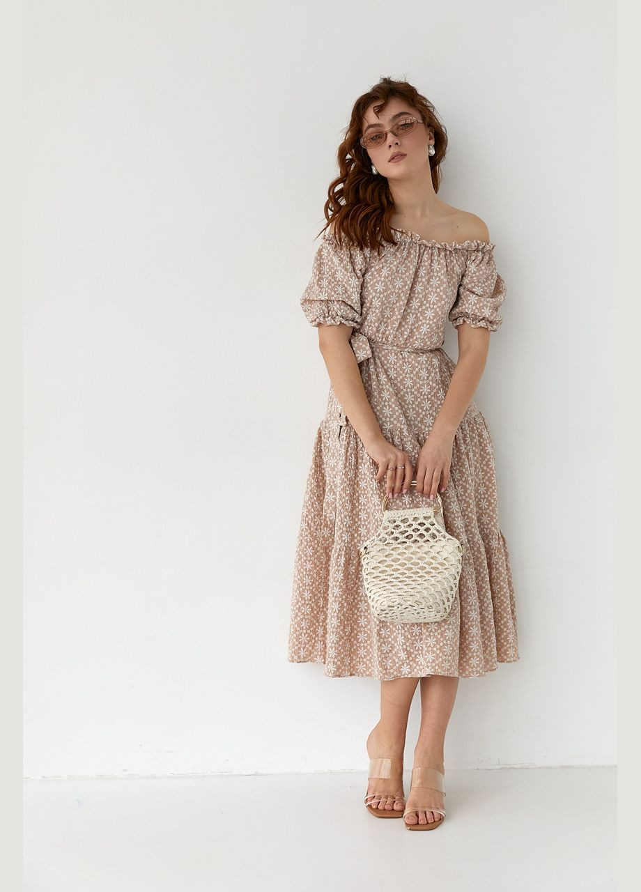Кофейное повседневный летнее платье миди с открытыми плечами 6080 Lurex с цветочным принтом