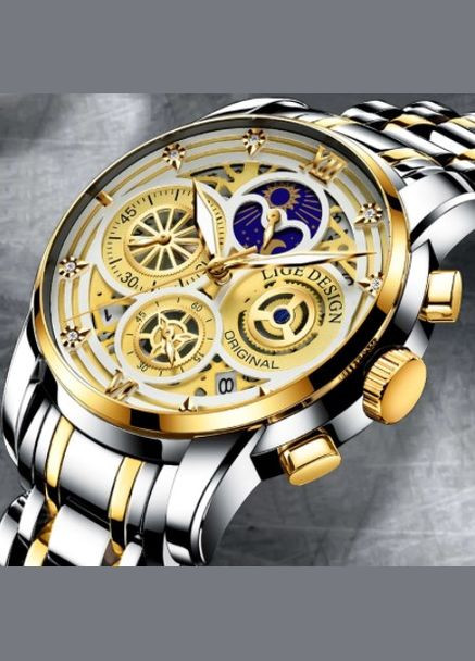 Часы мужские наручные кварцевые классические Lige 8942-Black (329443054)