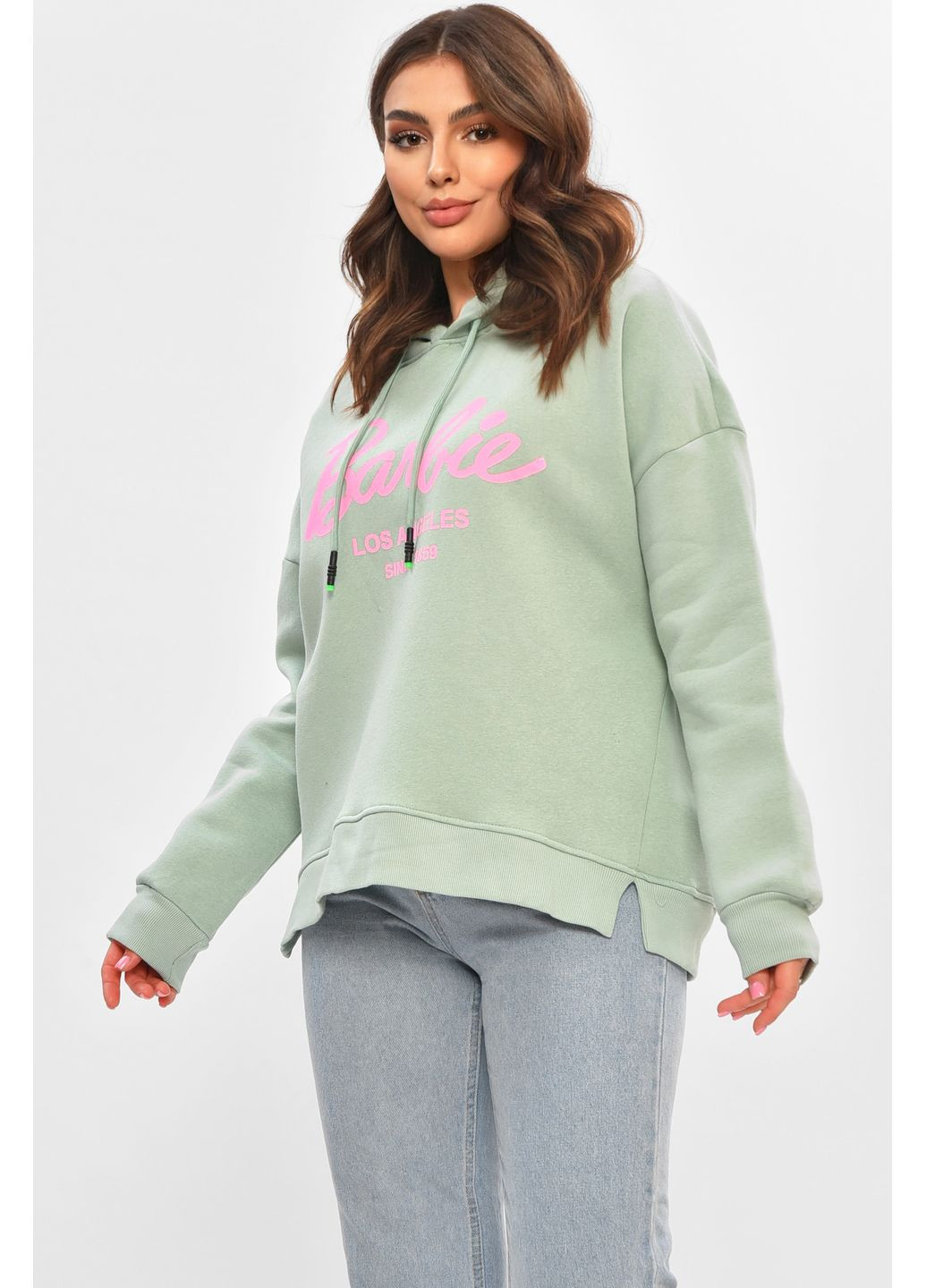 М'ятний худі жіноче напівбатальне на флісі м'ятного кольору з принтом Let's Shop напис без декору (362627019)