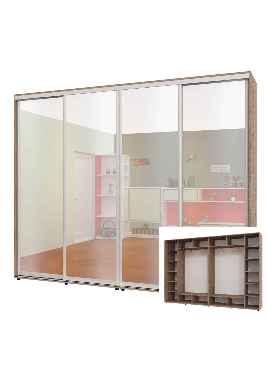 Шкаф-купе четырехдверный 310*45*250 см Дуб Сонома трюфель 4 двери Зеркало ШК-02 Алекса (360478461)