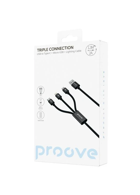 Кабель Triple Connection 3 in 1 Type-C + Micro USB + Lightning (1.3m) black Proove (397307636)