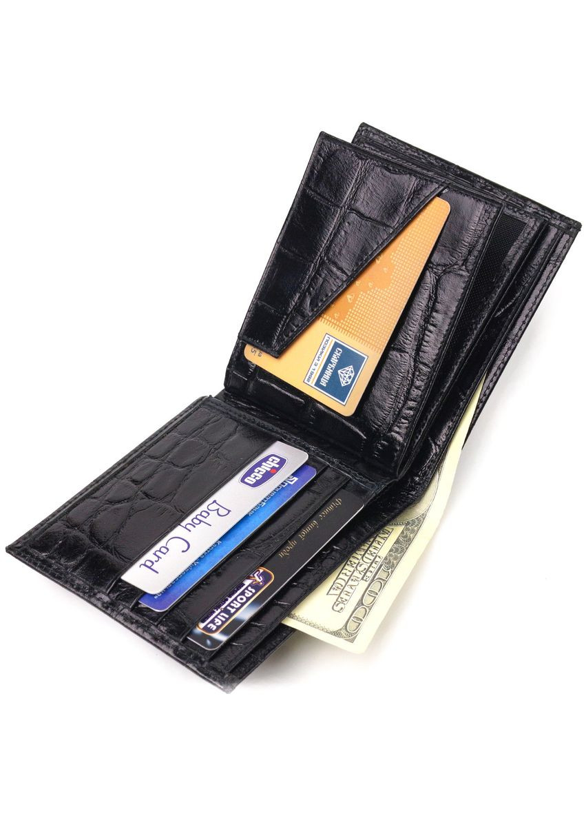 Якісний гаманець для чоловіків у два складення з натуральної фактурної шкіри з тисненням під крокодила 21584 Чорний Canpellini (329149201)