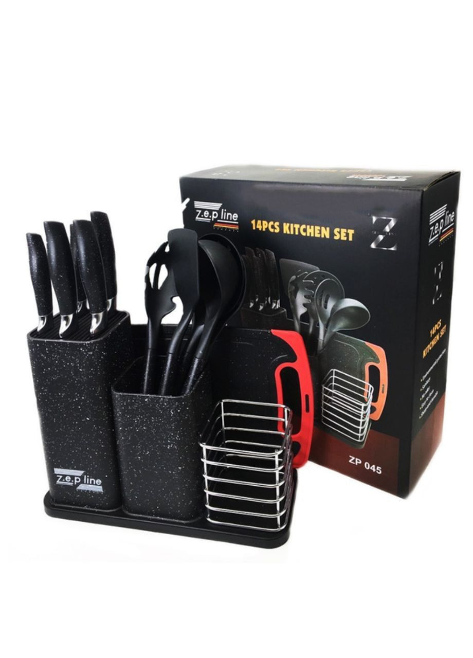 Набор ножей и кухонных принадлежностей 14в1 Zepline ZP-045 чёрные, пластик, силикон, нержавеющая сталь
