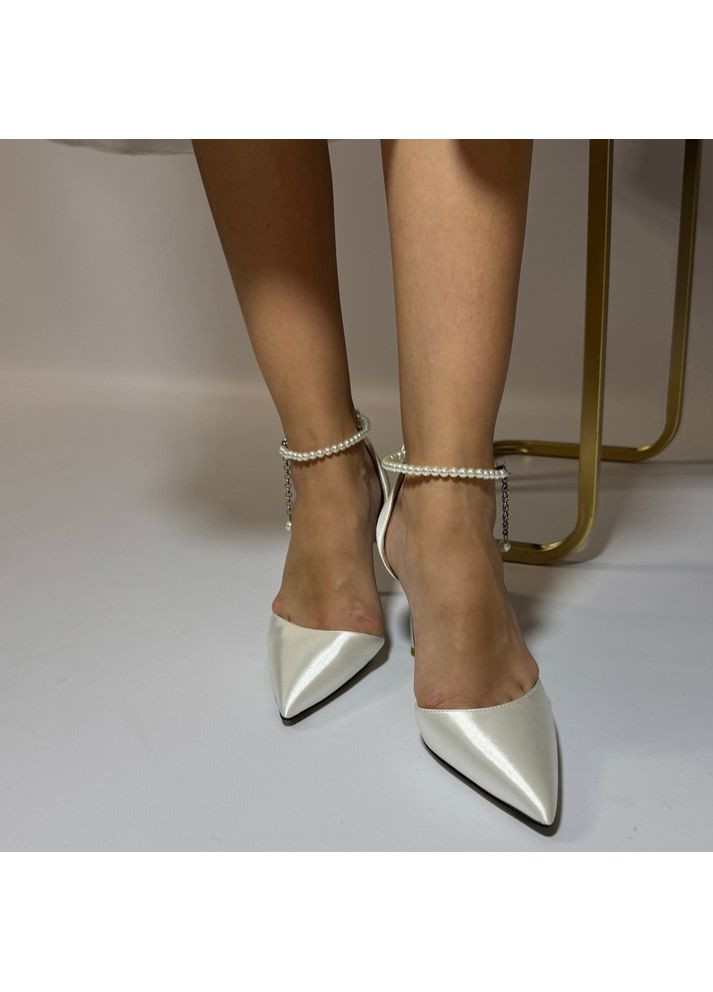 No Brand Жіночі туфлі весільні атласні та ремінцем 9 см білий з текстиль, — (351394406)