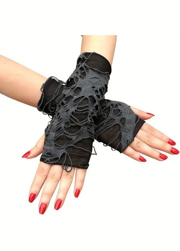 Перчатки без пальцев дырявые митенки в готическом стиле черно-серые Fashion (328456974)