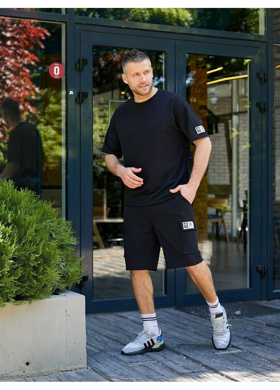 Чорний демісезонний "sportedge" – чоловічий спортивний костюм із двонитки з шортами DK/DL Мода без кордонів