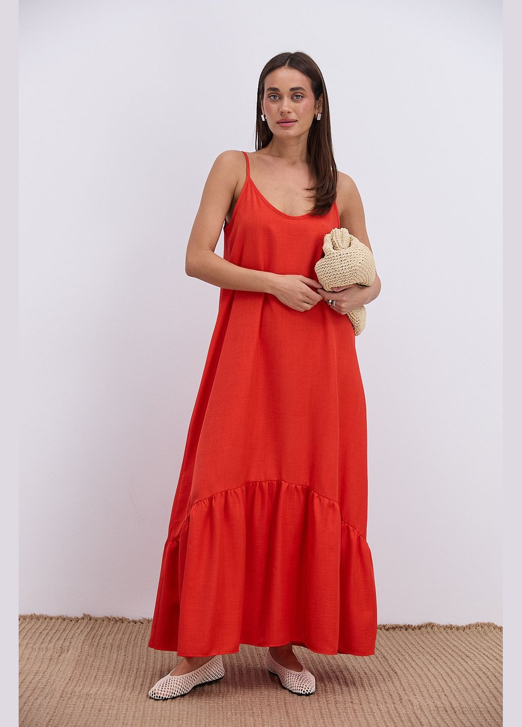 Червона довге літнє плаття червоне з фігурним воланом внизу Arjen