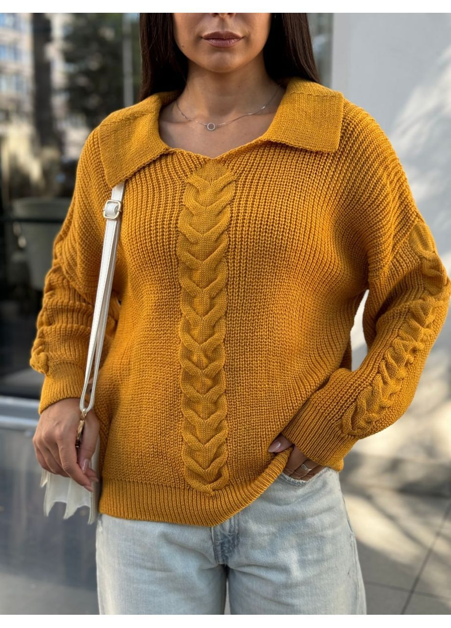 Горчичный демисезонный женская кофточка с отложным воротником джемпер No Brand