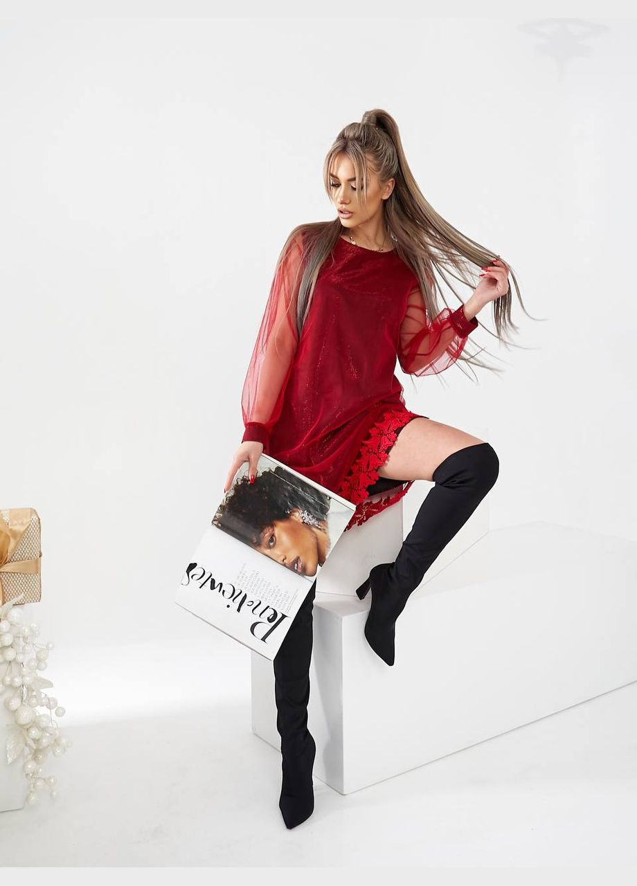 Бордовое праздничный, кэжуал, коктейльное, вечернее стильное платье с цветочным кружевом No Brand с цветочным принтом