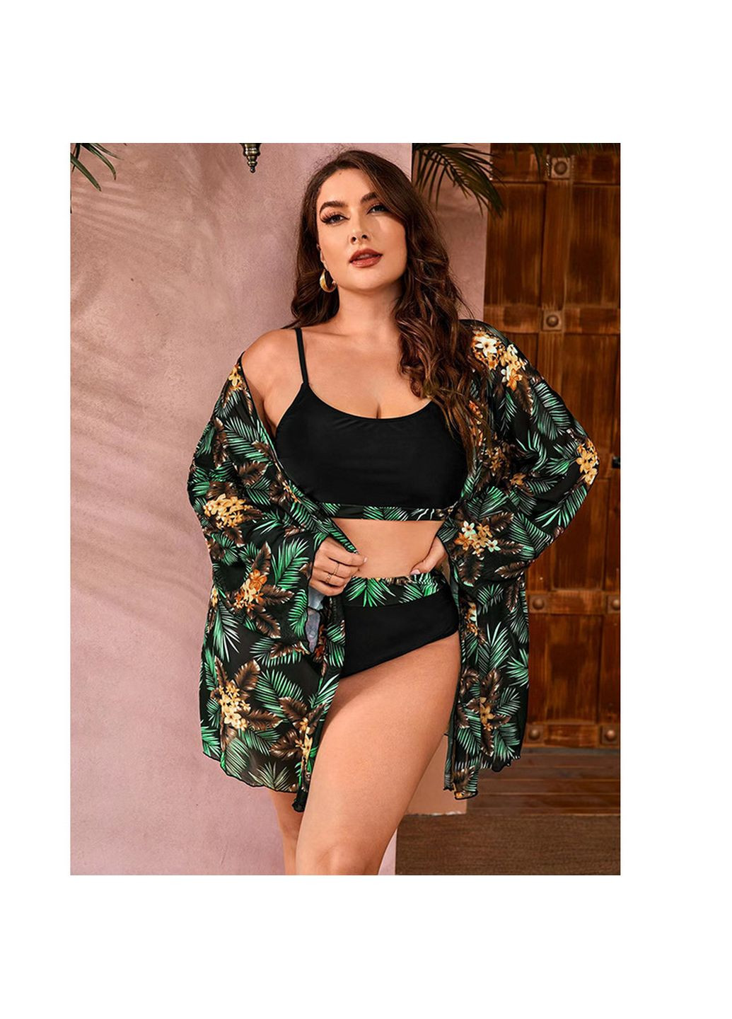 Зелений літній купальник жіночий роздільний чорний із тунікою-халатом тропічний зелений принт роздільний No Brand 4511